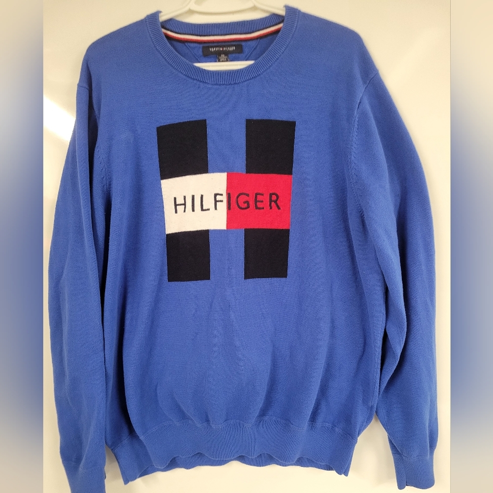 Tommy Hilfiger Signature Big Logo Blue Crewneck Sweater, XL/2XL